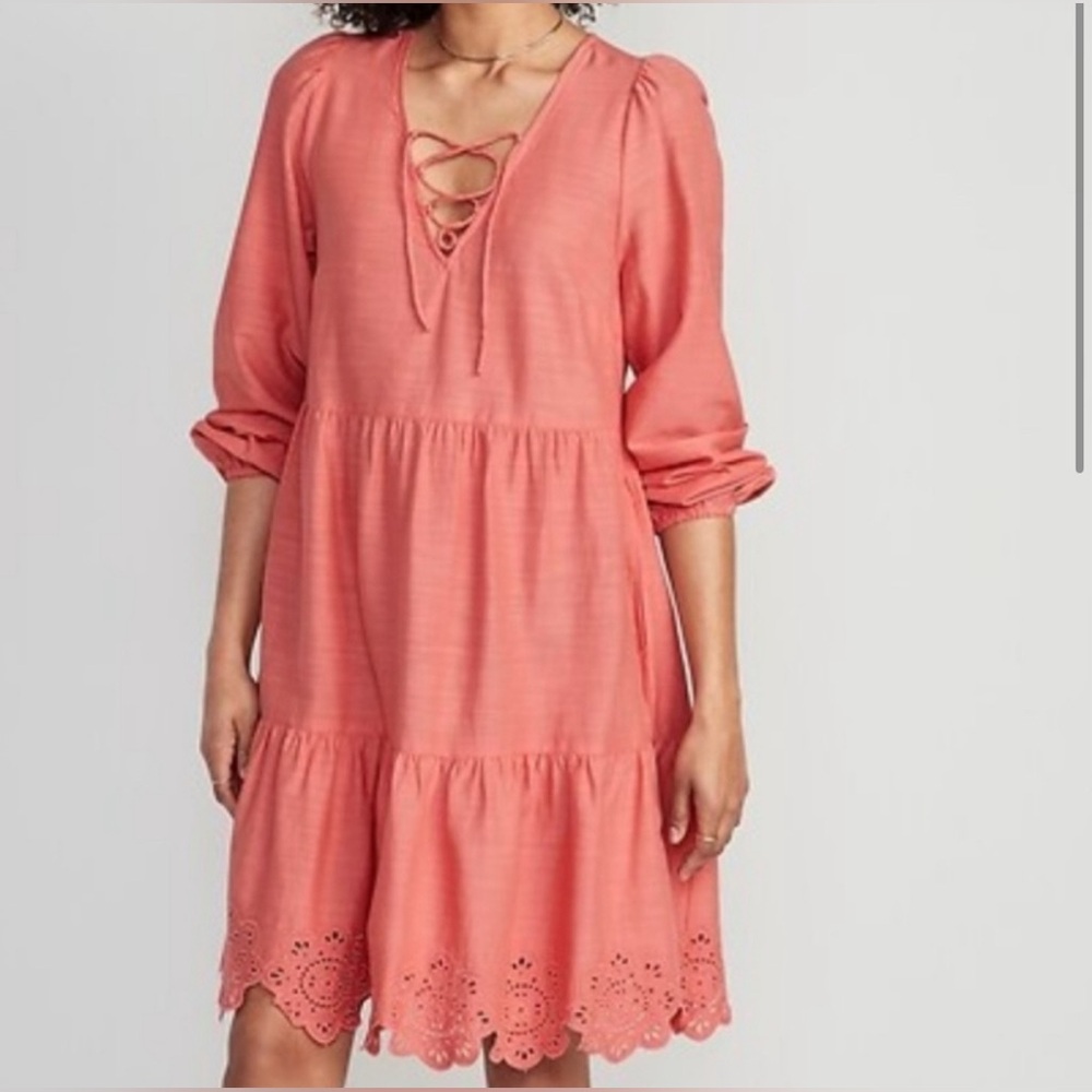 Old Navy Tiered Lace-Up Dress Long Sleeve NWT Cottagecore Boho Peasant L pockets